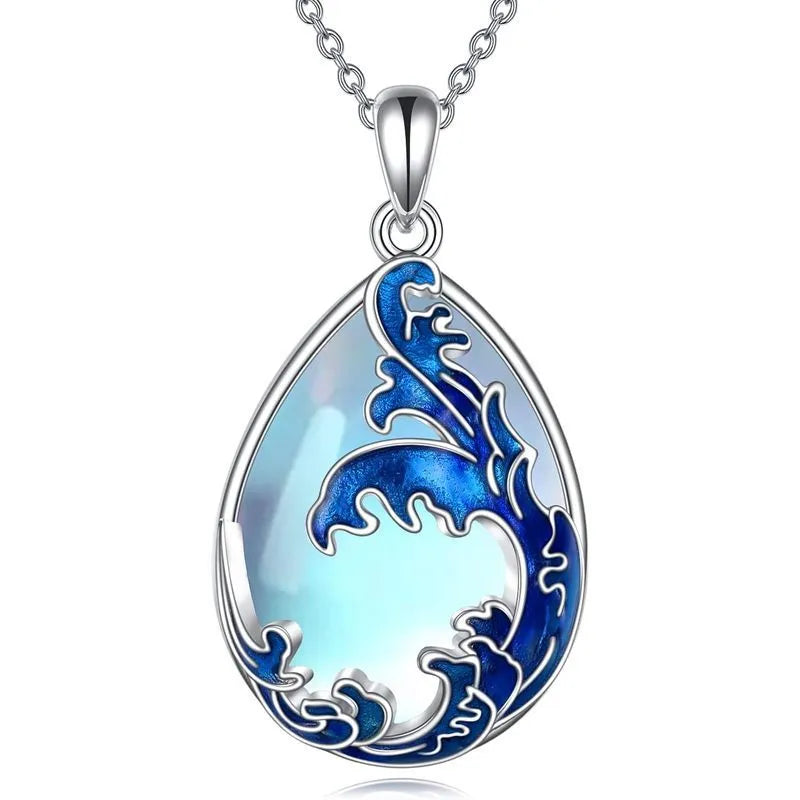 Moonstone blue alloy heart pendant necklace for women on a silver-toned chain.