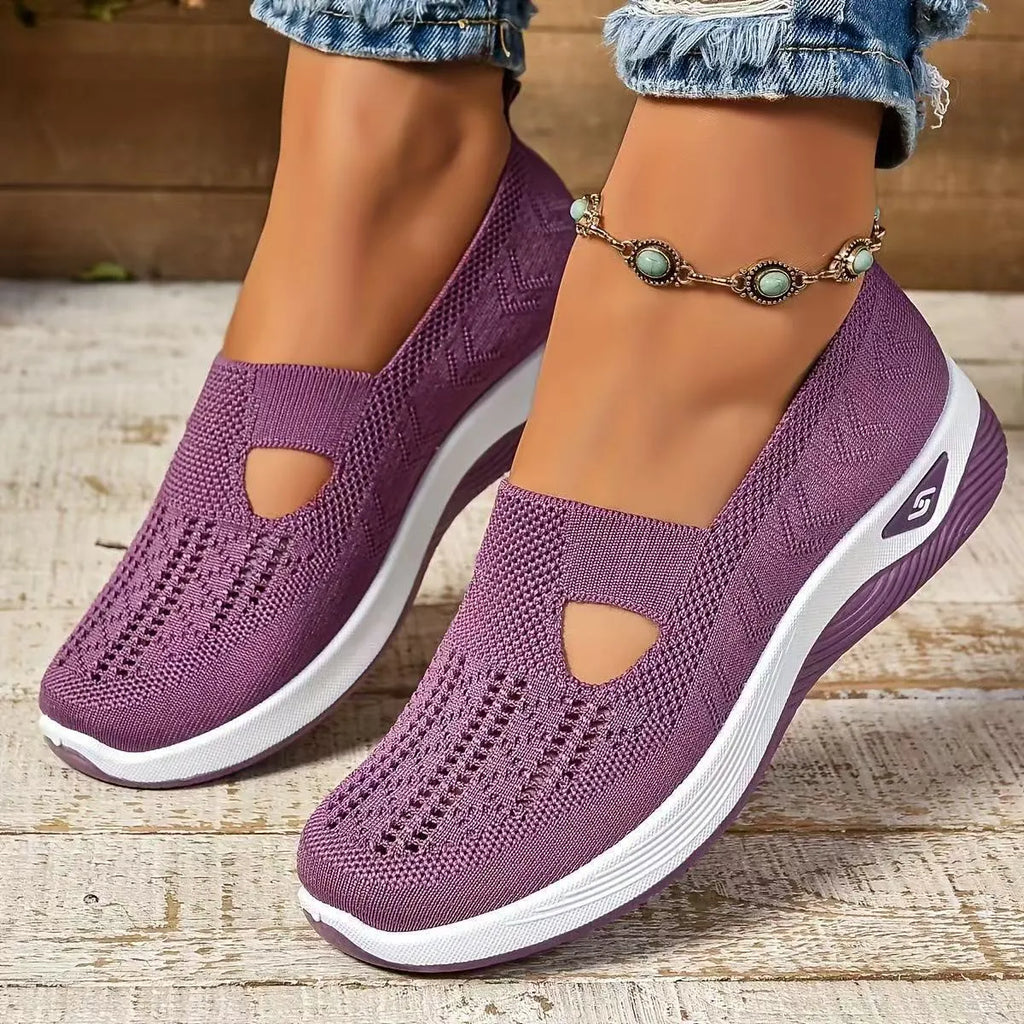 Women's casual mesh shoes with T-strap design and soft PVC soles in multiple colour options