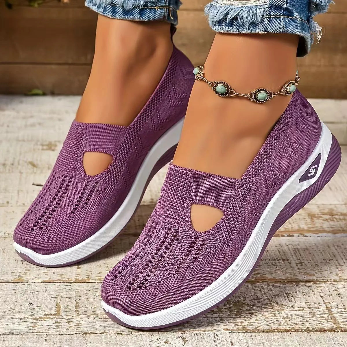 Women's casual mesh shoes with T-strap design and soft PVC soles in multiple colour options