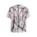Women's padded shoulder T-shirt with textured line patchwork detail on the front.