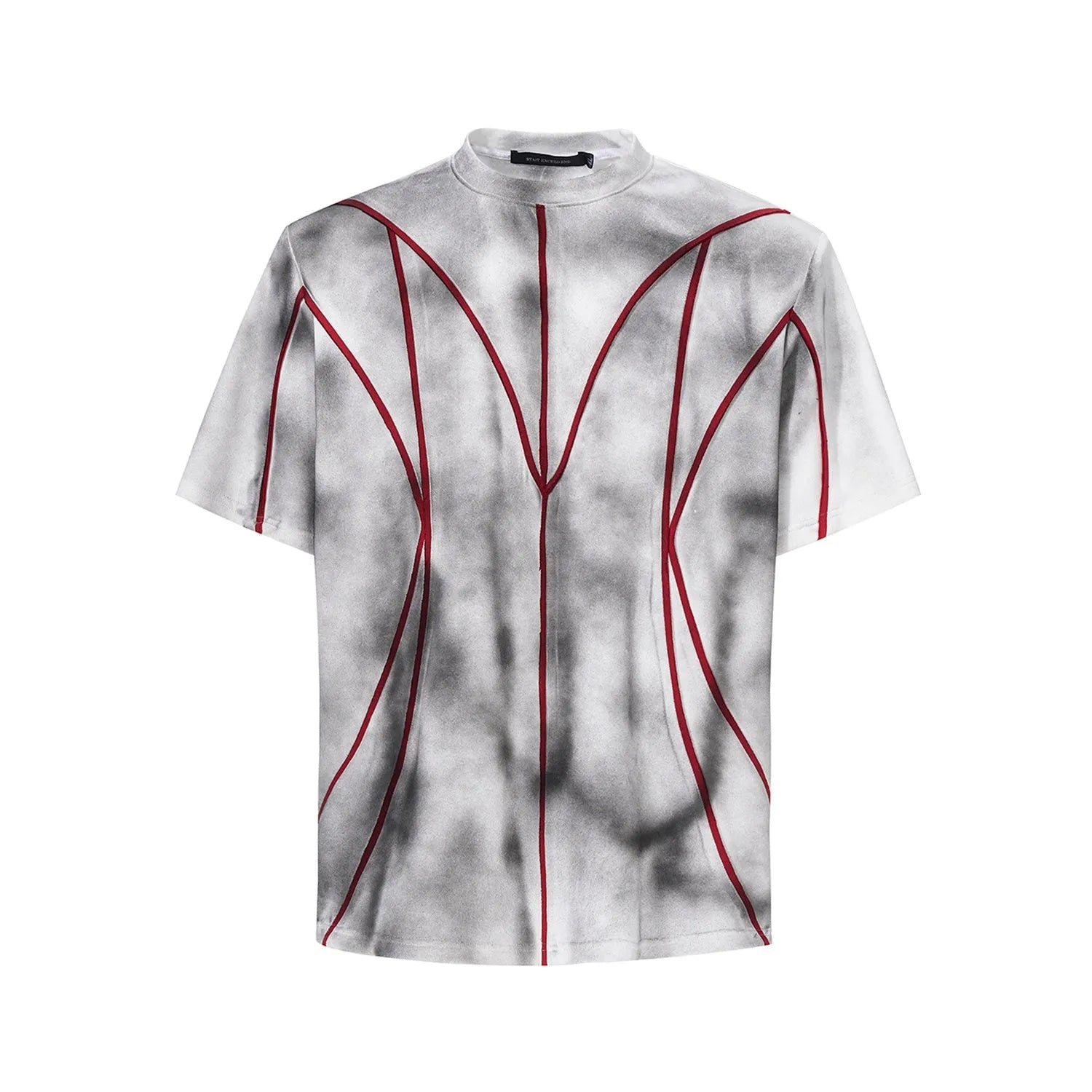 Women's padded shoulder T-shirt with textured line patchwork detail on the front.