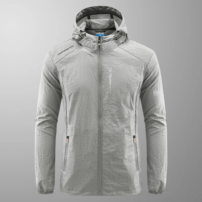 Men's lightweight hooded summer jacket in nylon fabric for sun protection, loose fit design