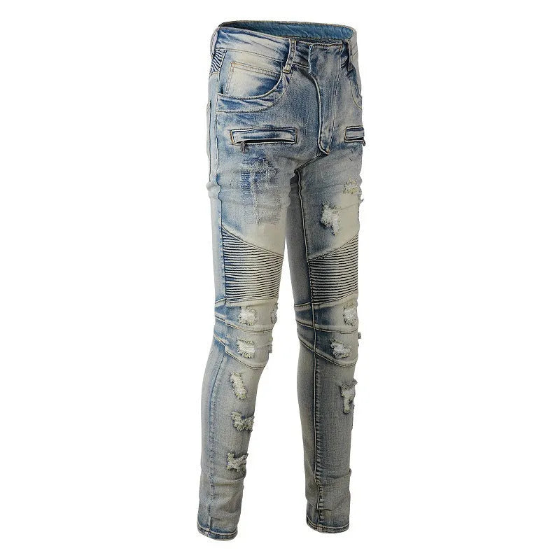 Light blue men's slim fit jeans with hand-frayed distressed details and a straight leg opening.