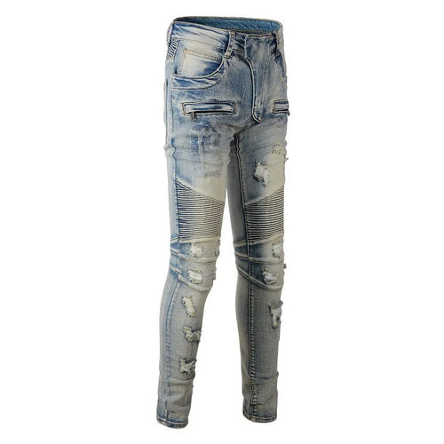 Light blue men's slim fit jeans with hand-frayed distressed details and a straight leg opening.