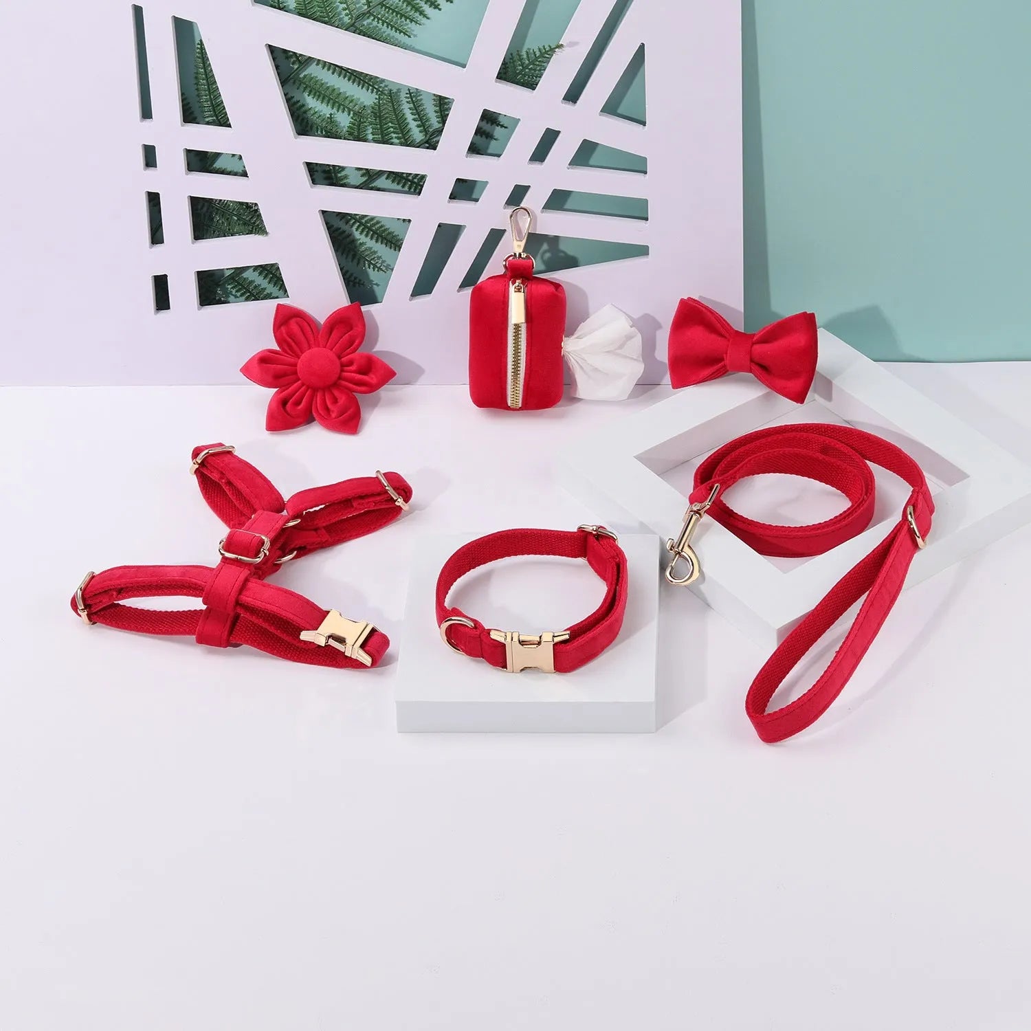 Classic velvet pet collar and traction rope set with matching bow tie, flower and accessories