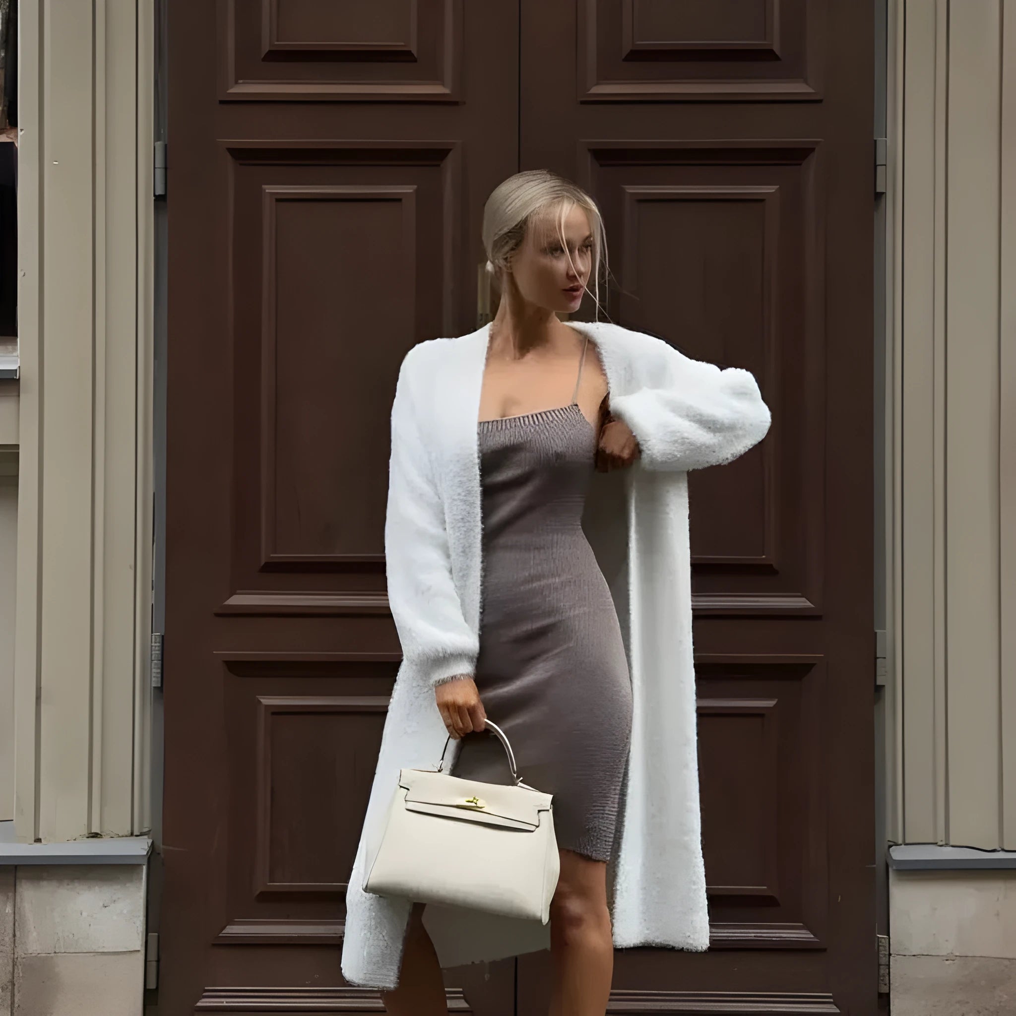 White loose-fit longline cardigan jacket with long sleeves, made of thick knitted polyester fabric.