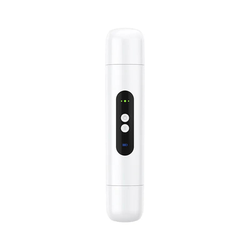 Pink and white electric body hair trimmer with USB charging cable on white background