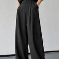 Men's black vertical striped pleated casual trousers with elastic waist