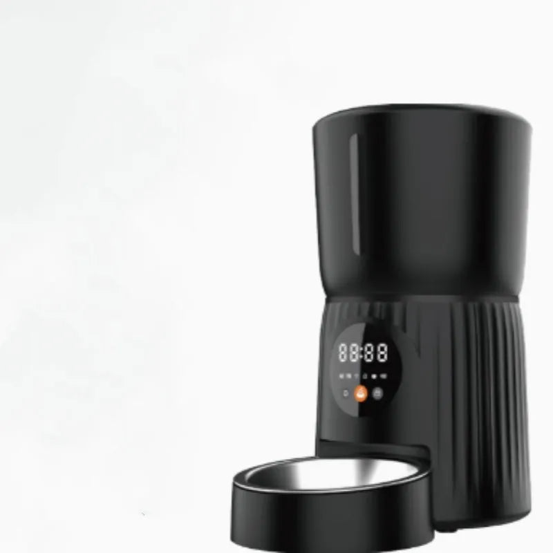 Black and white intelligent pet feeder with automatic timing and quantitative remote feeding via USB power