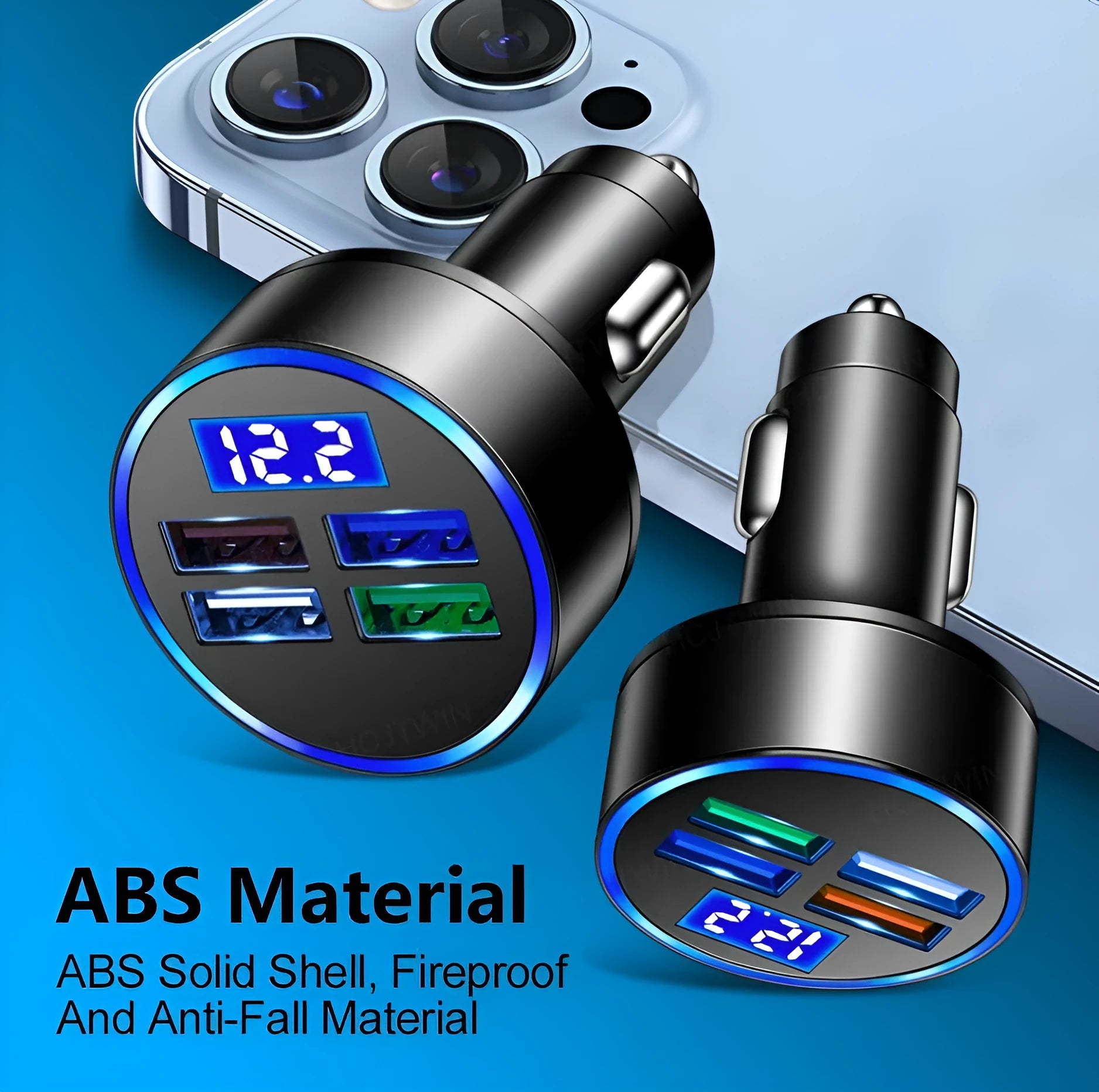 Black multi-port car USB charger with four ports and cigarette lighter plug for vehicle power outlet