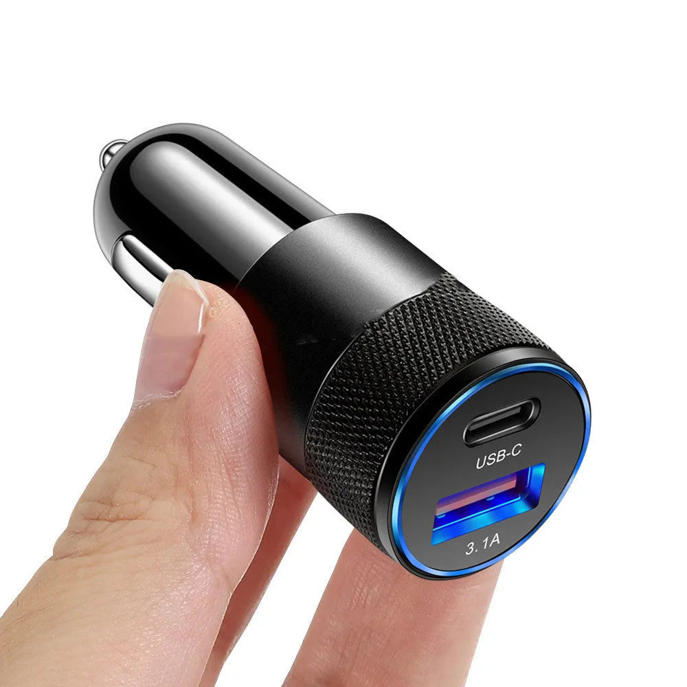 Aluminium alloy dual USB car charger for vehicle 12V sockets with compact 2.5x6cm dimensions
