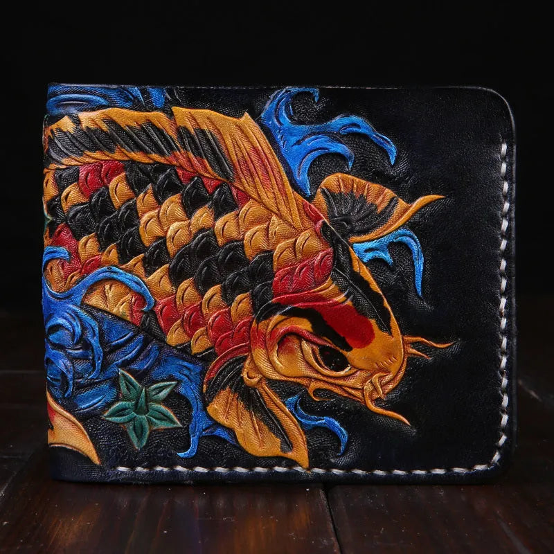 Men's red cow leather short wallet with carving detail, shown next to a ruler showing 10cm width.