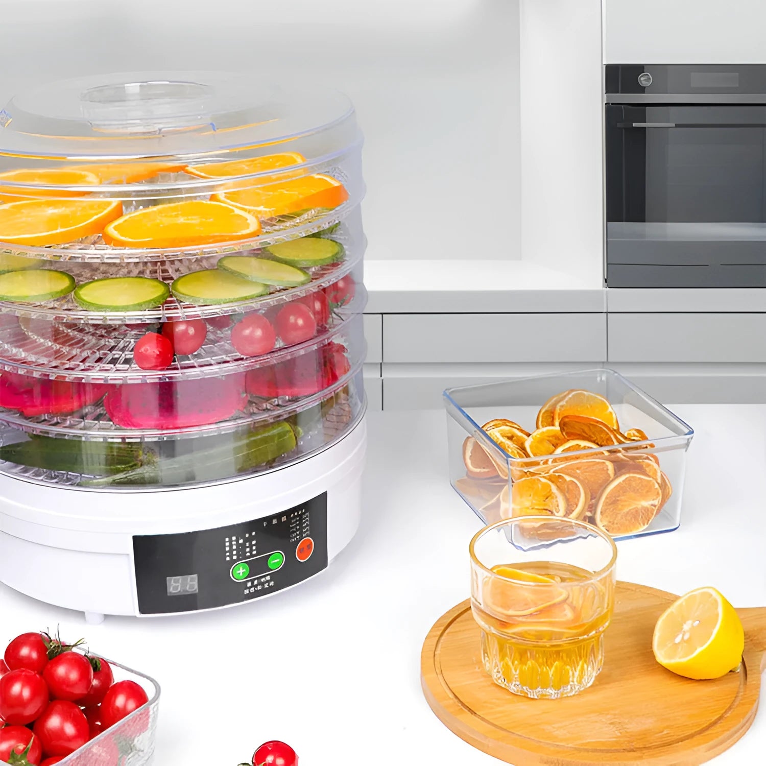 Five layer electric food dehydrator with stackable trays for drying fruit and vegetables