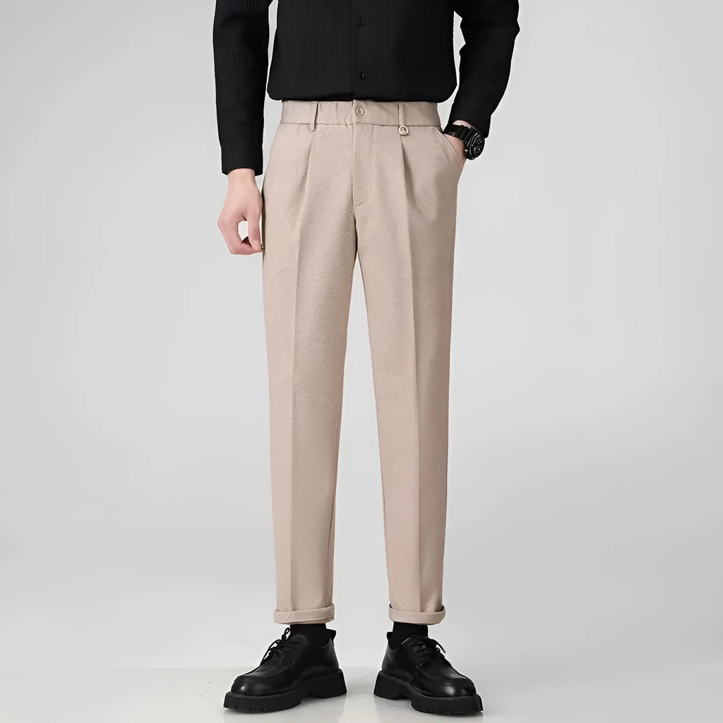 Man wearing straight-leg black polyester suit pants for business casual attire