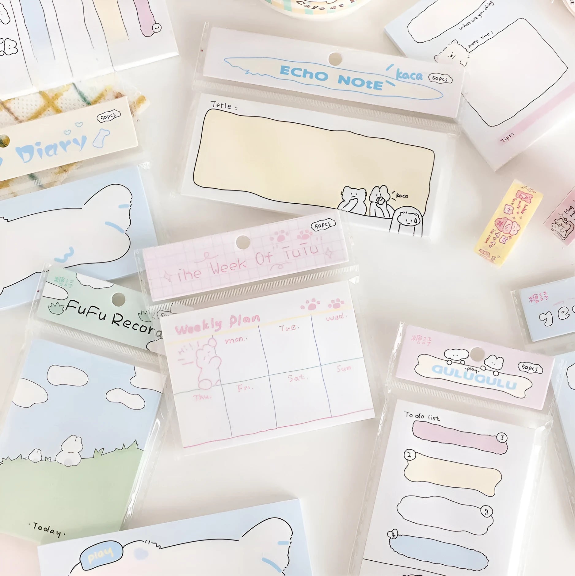 Cute cartoon animal and planner themed sticky note pad with adhesive backing, 50 sheets