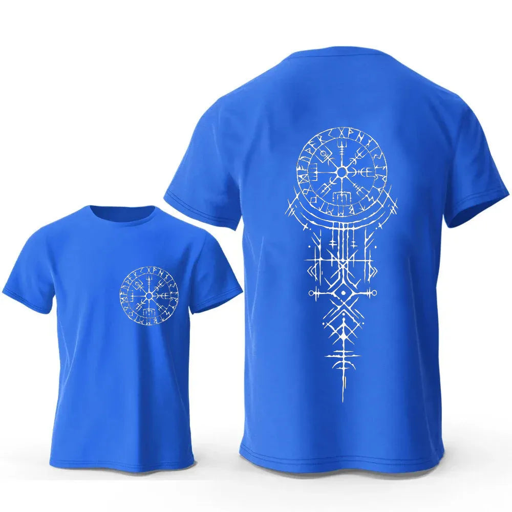 Front view of a men's pure cotton T-shirt featuring a detailed Viking rune compass graphic print.