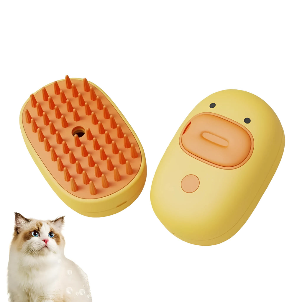 White and yellow silicone steam pet brush for grooming dogs and cats with a water tank.
