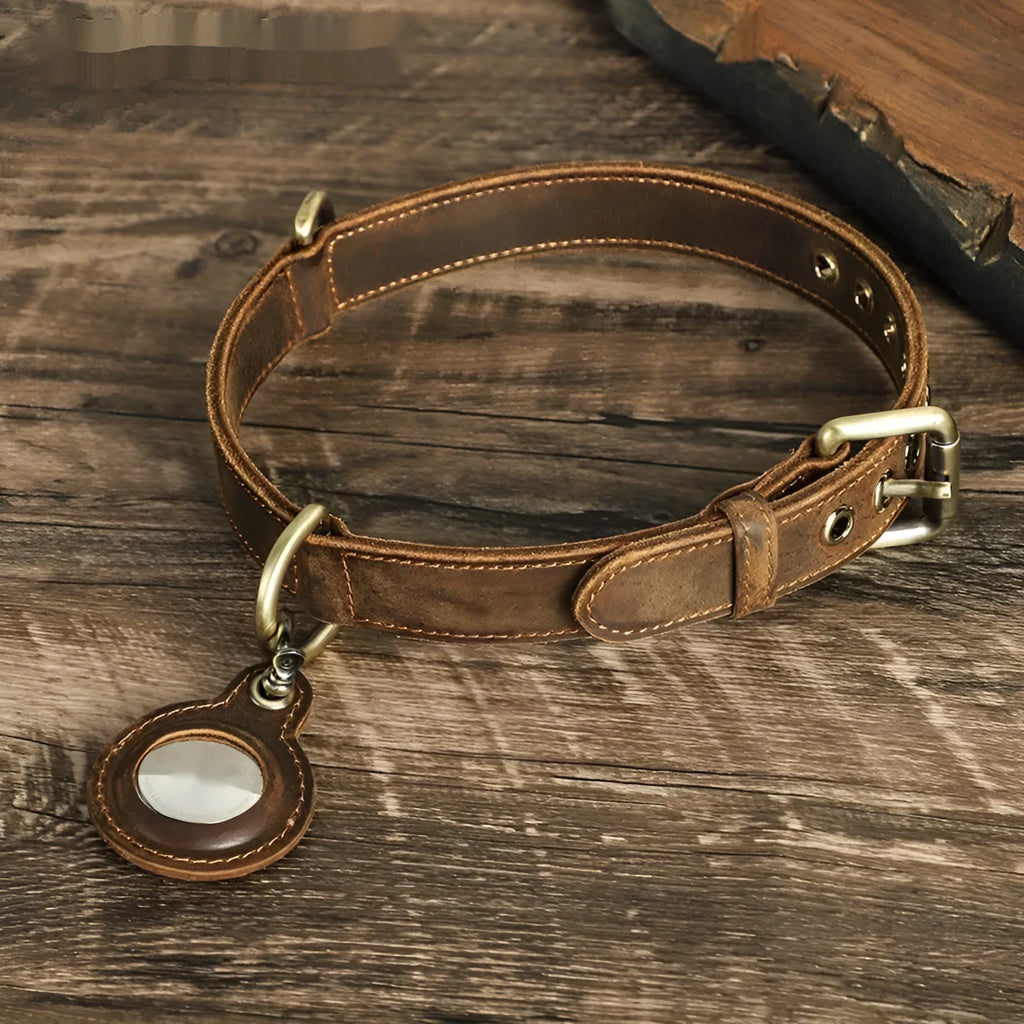 Handmade retro double-sided cowhide genuine leather dog collar in brown with anti-lost feature