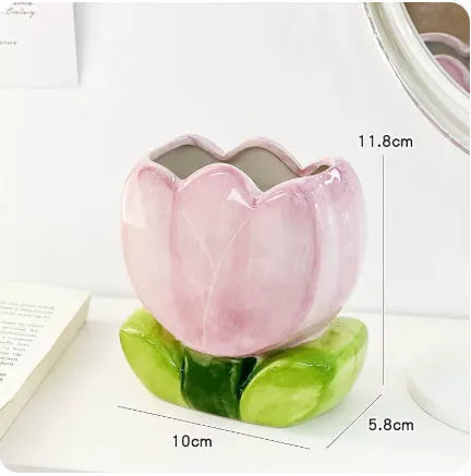 Ceramic flower pattern pen holder storage box on desk showing blue floral design