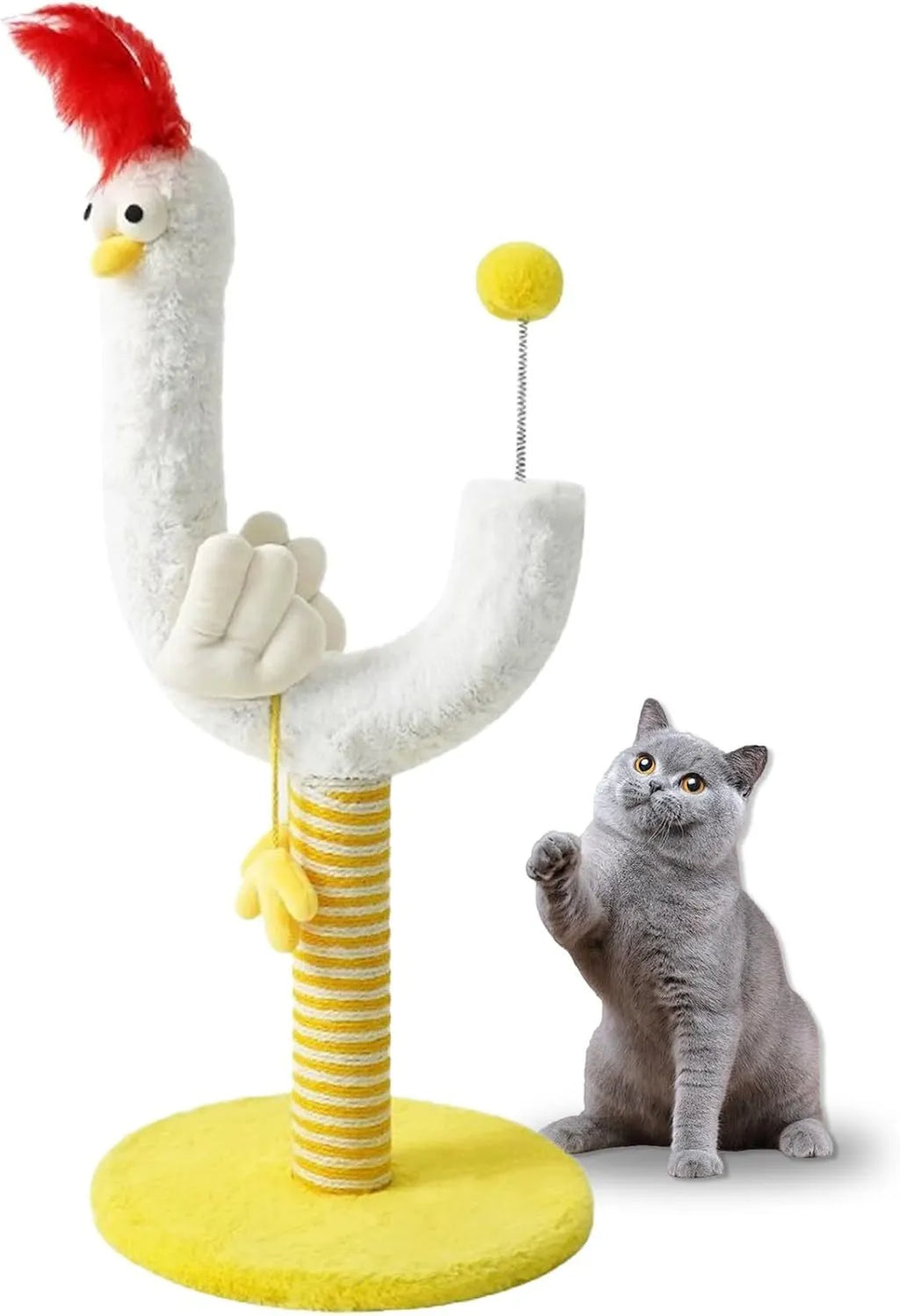 Yellow sisal vertical cat scratching post with chicken strip design and spring ball, 35cm wide and 88cm tall.