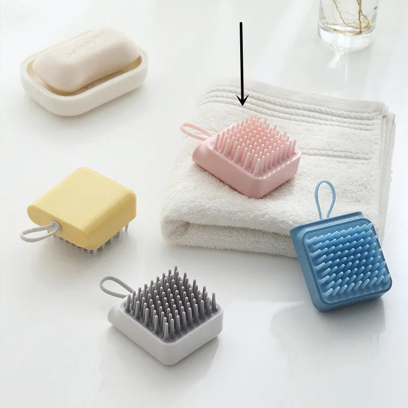 Pet bath massage brush with soft TPR bristles and ergonomic handle in white, blue, pink, yellow colours