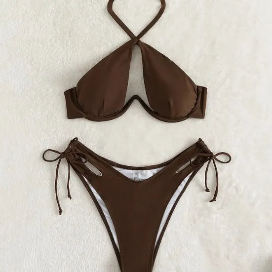 Women's brown halter bikini swimsuit with backless briefs on mannequin