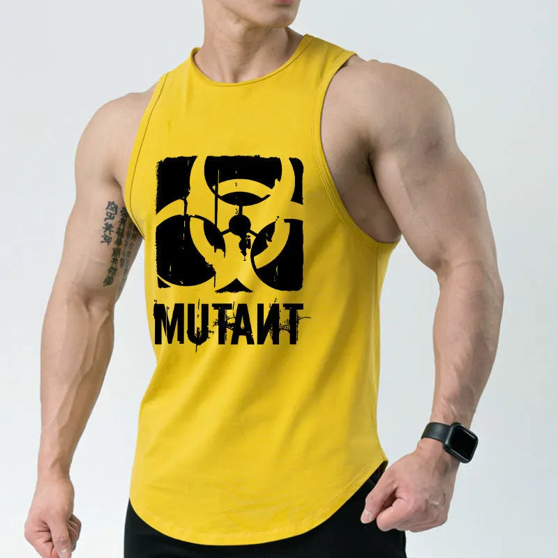 Man wearing a loose grey sleeveless polyester fitness vest for gym workouts.