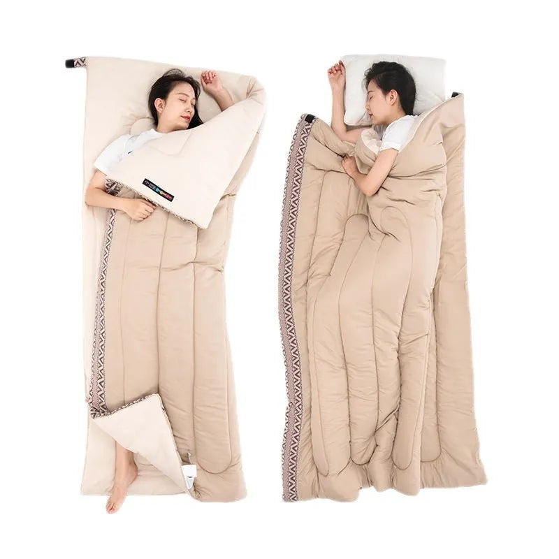 Four seasons portable camping sleeping bag for adults in Jiangnan Spring colour with storage bag.