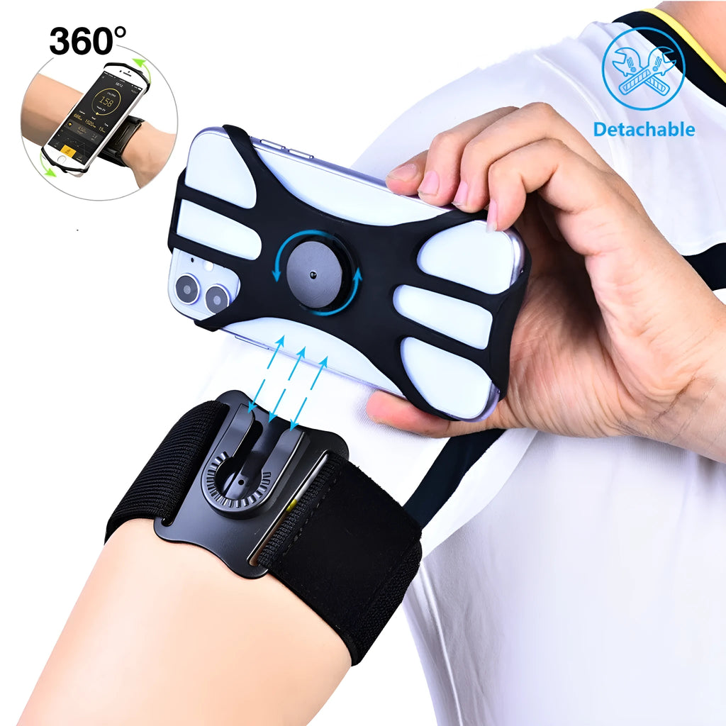 Black 2-in-1 sports phone case with detachable nylon armband and wrist strap on a surface