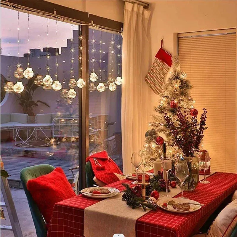 Christmas curtain light string with ten LED wishing ball lamps showing snowman, Christmas tree and elder designs