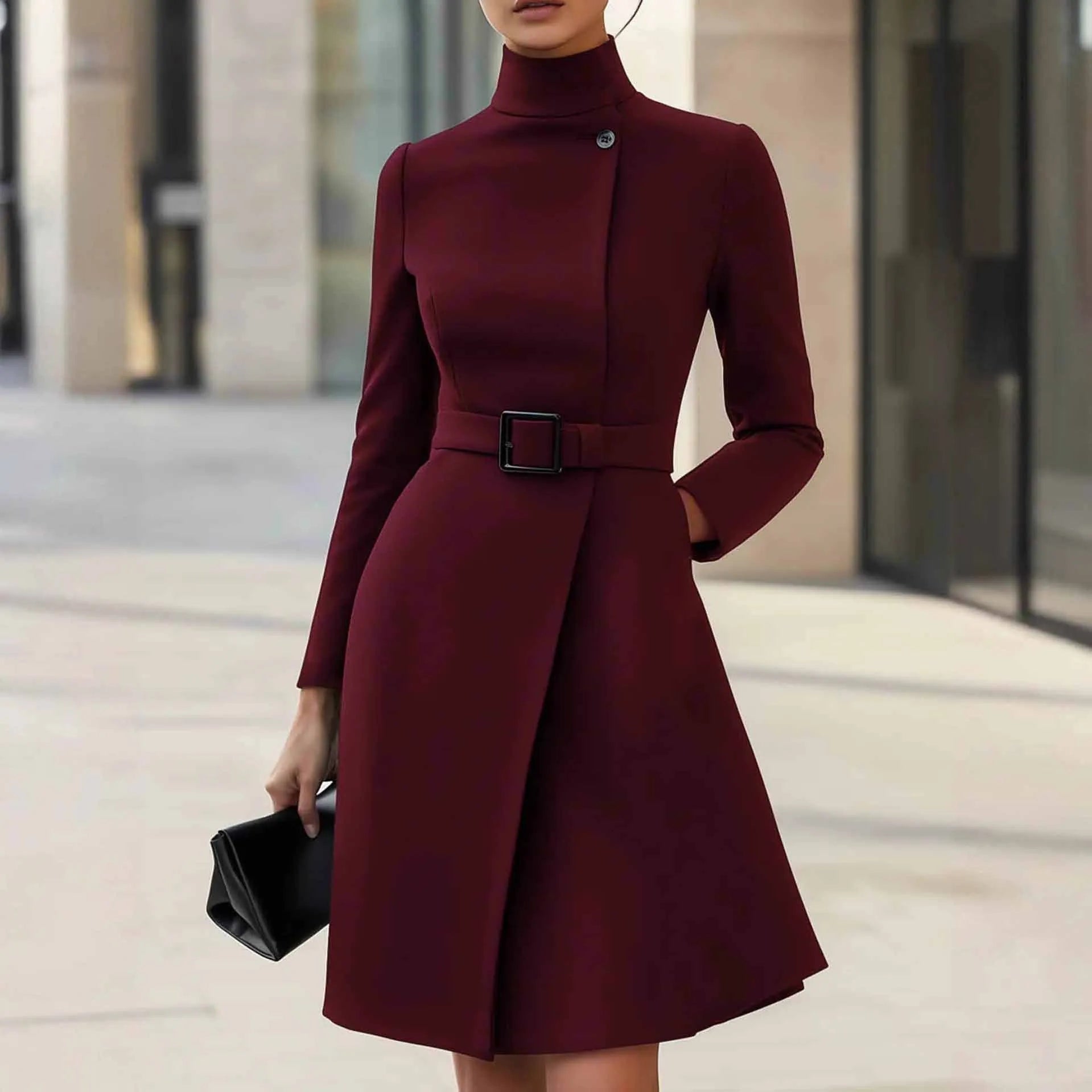 Women's long sleeve bohemian dress with stand collar and side zipper in black