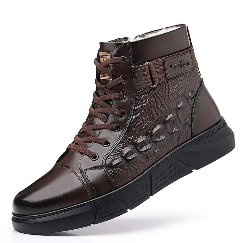 Genuine leather round toe snow boots with fur lining and lace-up front in black velvet style