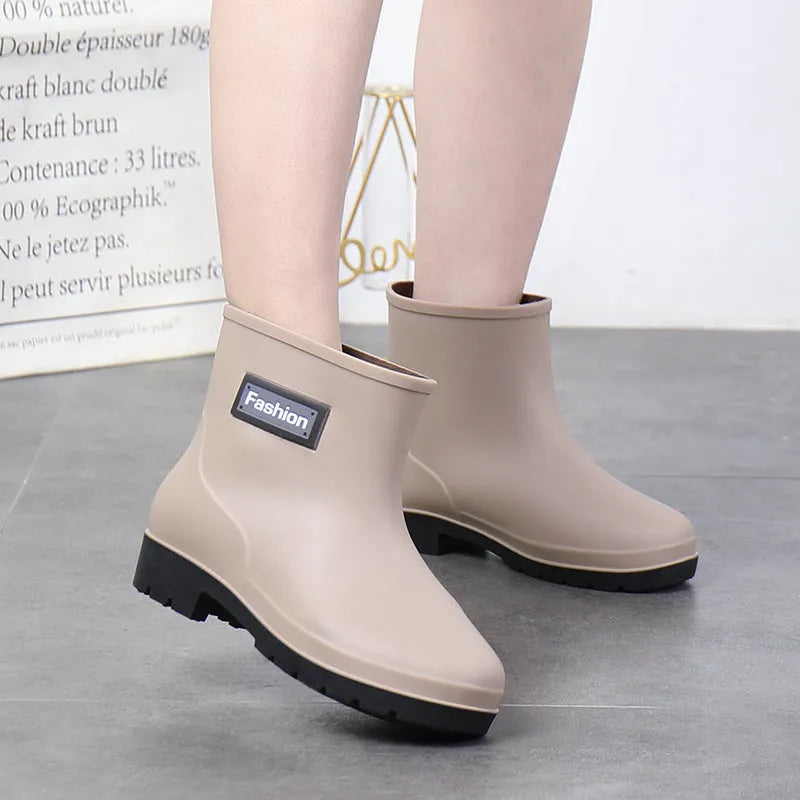 Women's PVC mid-calf rain boots in four colours, shown with optional warm linings.