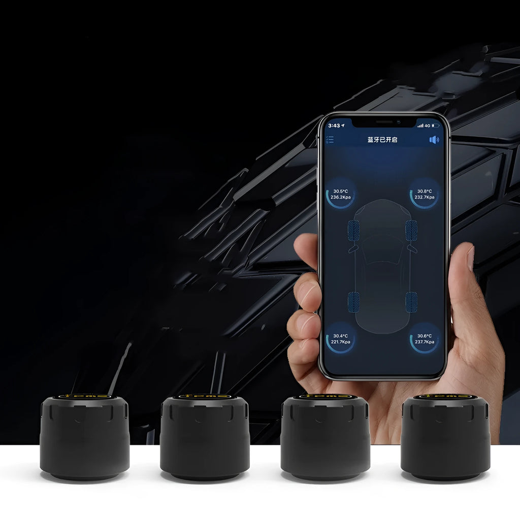 Black Bluetooth 5.0 tyre pressure monitoring kit with four external sensors, wrench, and anti-theft screws