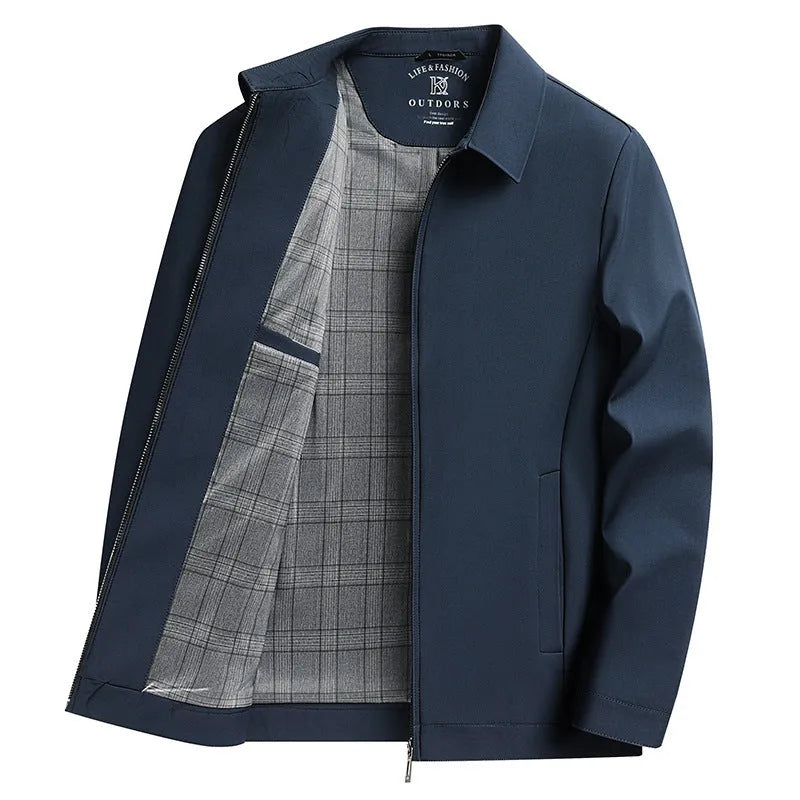 Men's loose-fit solid colour polo collar casual jacket with side seam pockets