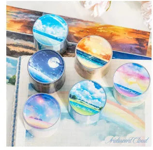 Roll of Japanese paper washi tape with sky theme patterns, showing 30mm width and 2m length.