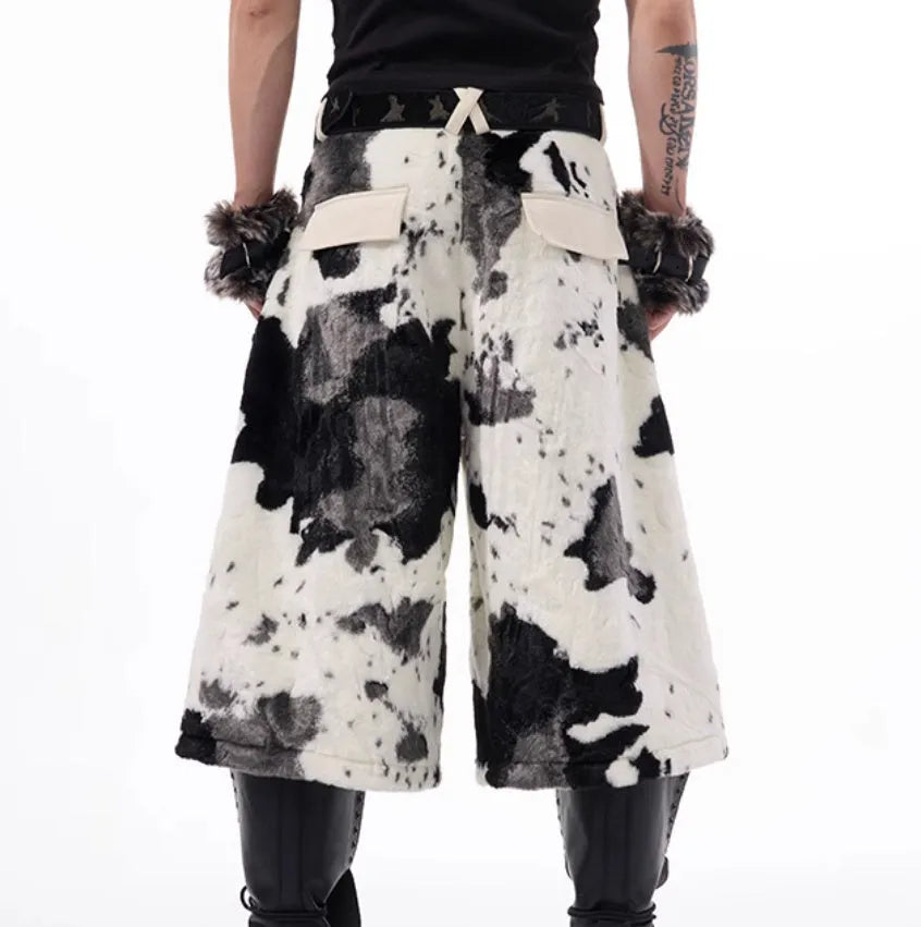 Cropped stitching milk fiber fur pants with checkered striped printed embroidered patterns in picture colour