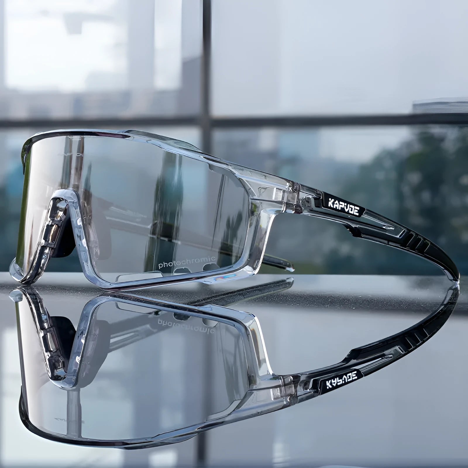 Photochromic cycling sports goggles with TR90 frame and semi-rimless design shown in multiple colour options.