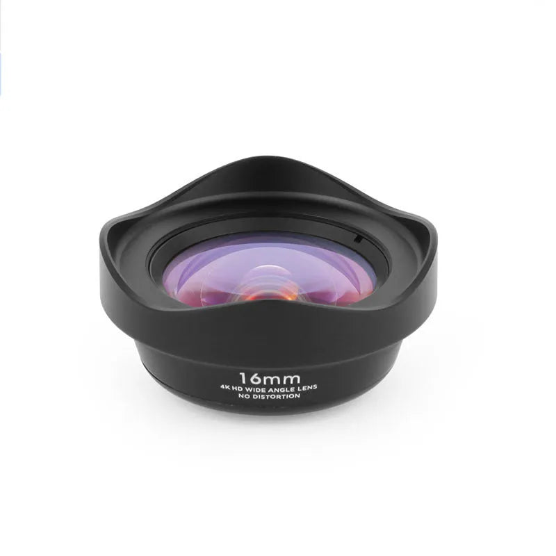 16mm wide angle external SLR lens with aluminium U-clamp on smartphone, 0.5x magnification