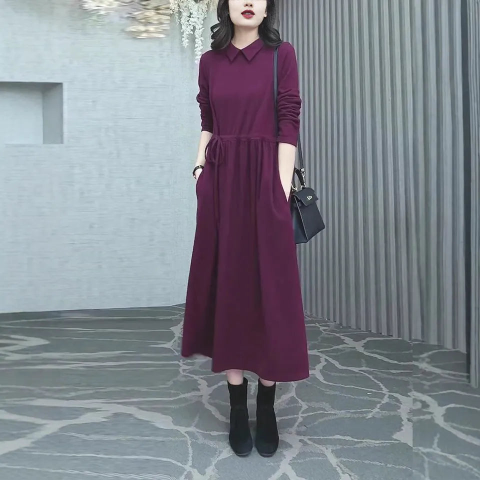 Purplish red plus size women's dress with extra long sleeves and long skirt for autumn winter wear