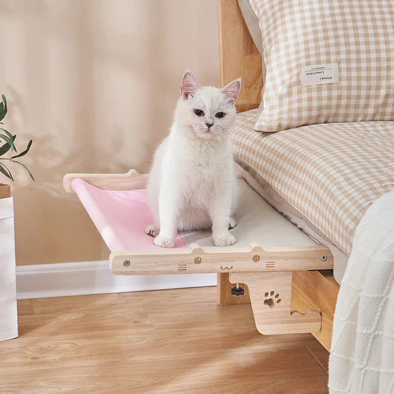 Wooden frame cat hammock hanging bed for balcony or window in one of seven available styles.