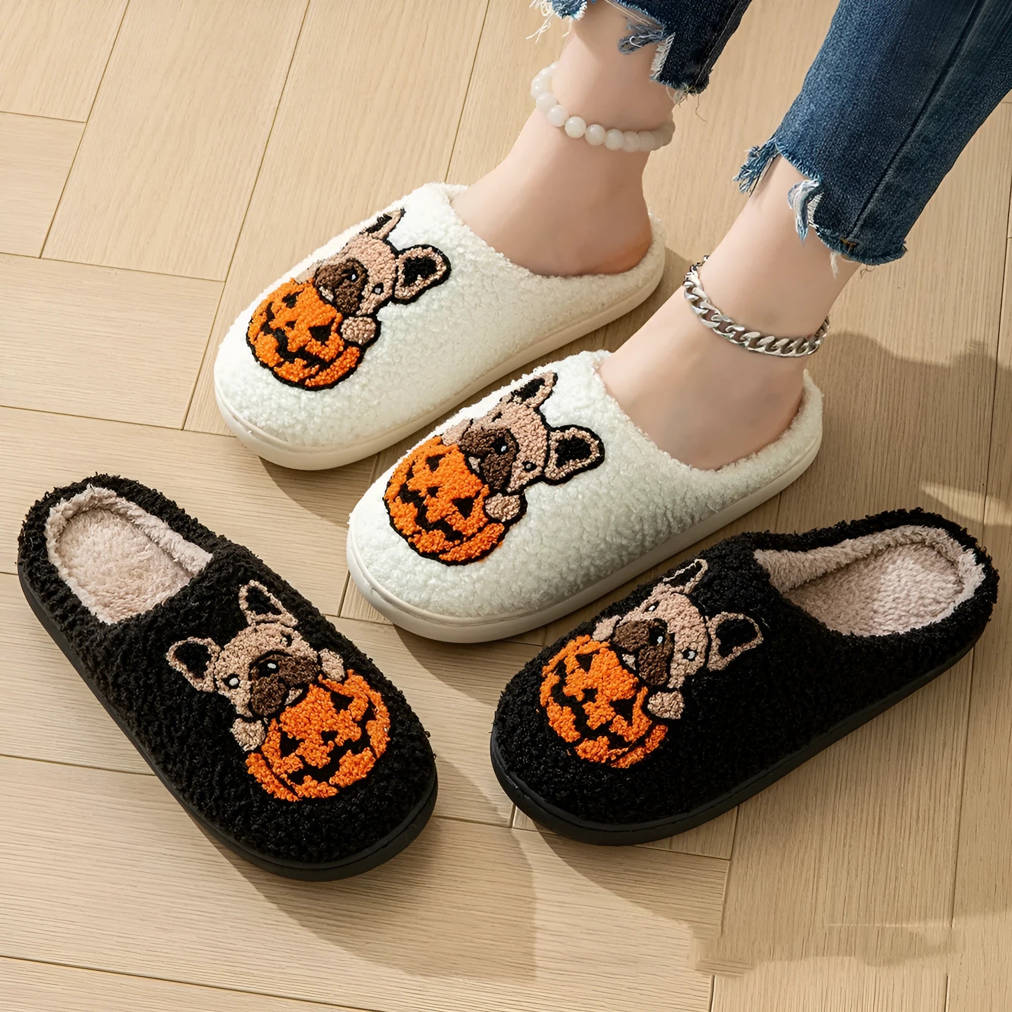 Halloween pumpkin design plush slippers with TPR rubber sole in black and white colours