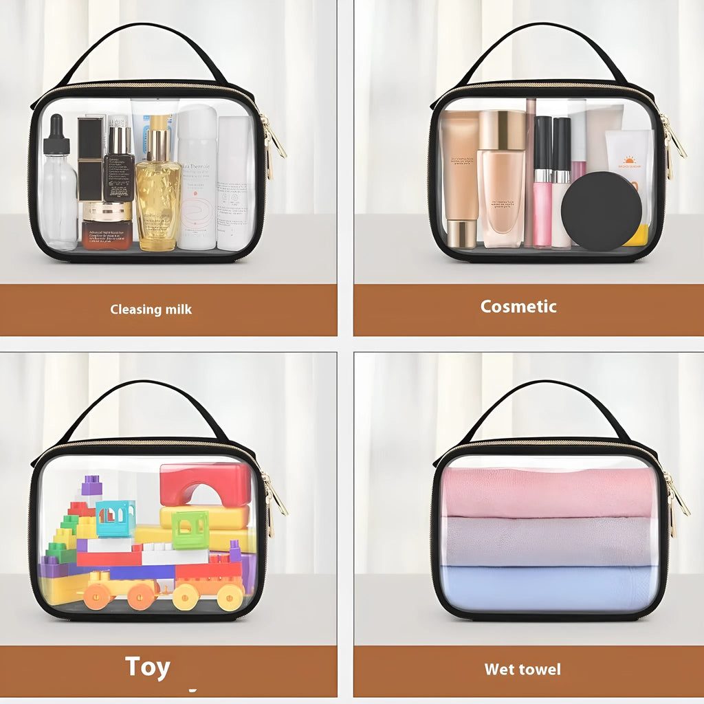 Transparent PVC cosmetics wash bag with chain in multiple colour options on a white background.