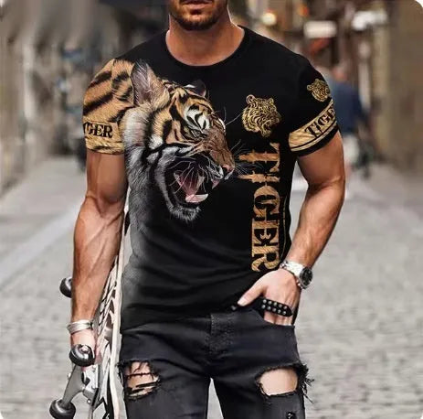 Men's black t-shirt with a fierce 3D lion head print on the front.