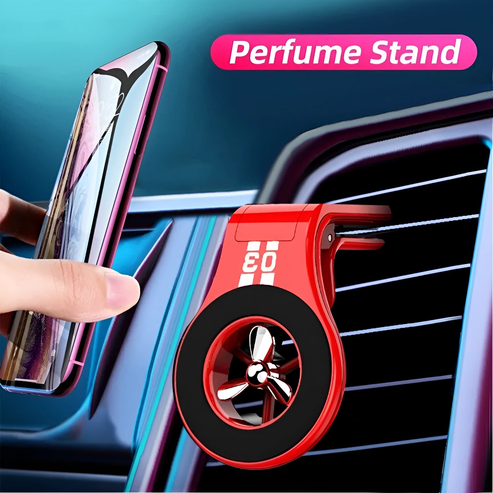 Black universal magnetic car phone holder clipped to a car air vent, holding a smartphone.