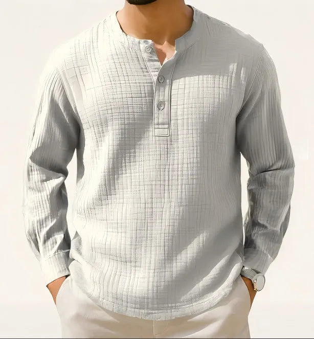 Long sleeve cotton linen pullover shirt in slim fit with 3/4 sleeves in a solid colour.