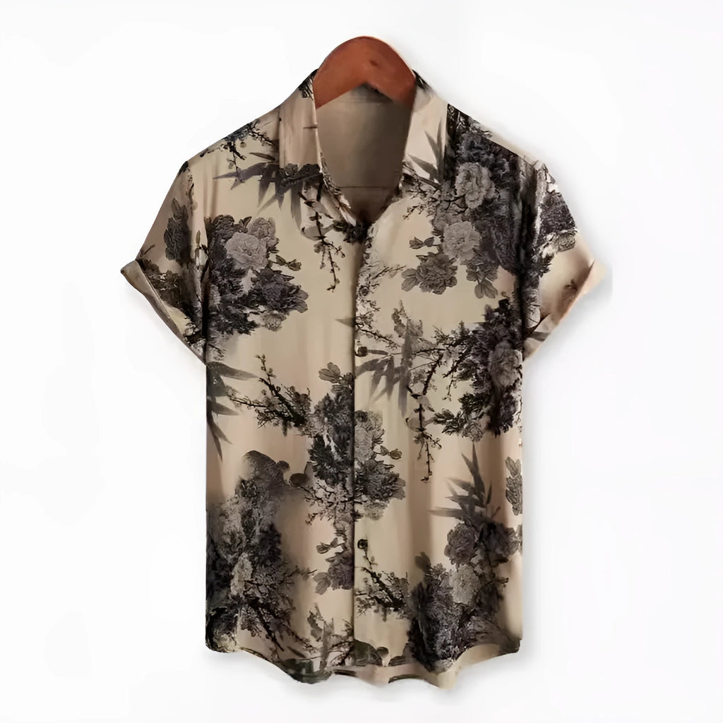 Hawaiian floral print short sleeve lapel cardigan shirt with elastic polyester fabric