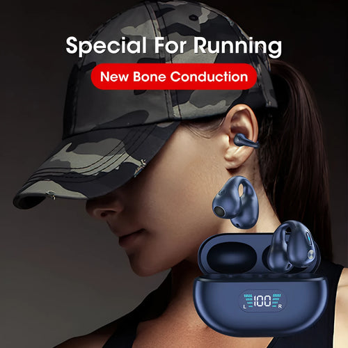 Bone conduction Bluetooth headset with ear clip design in black, white, or khaki colour.