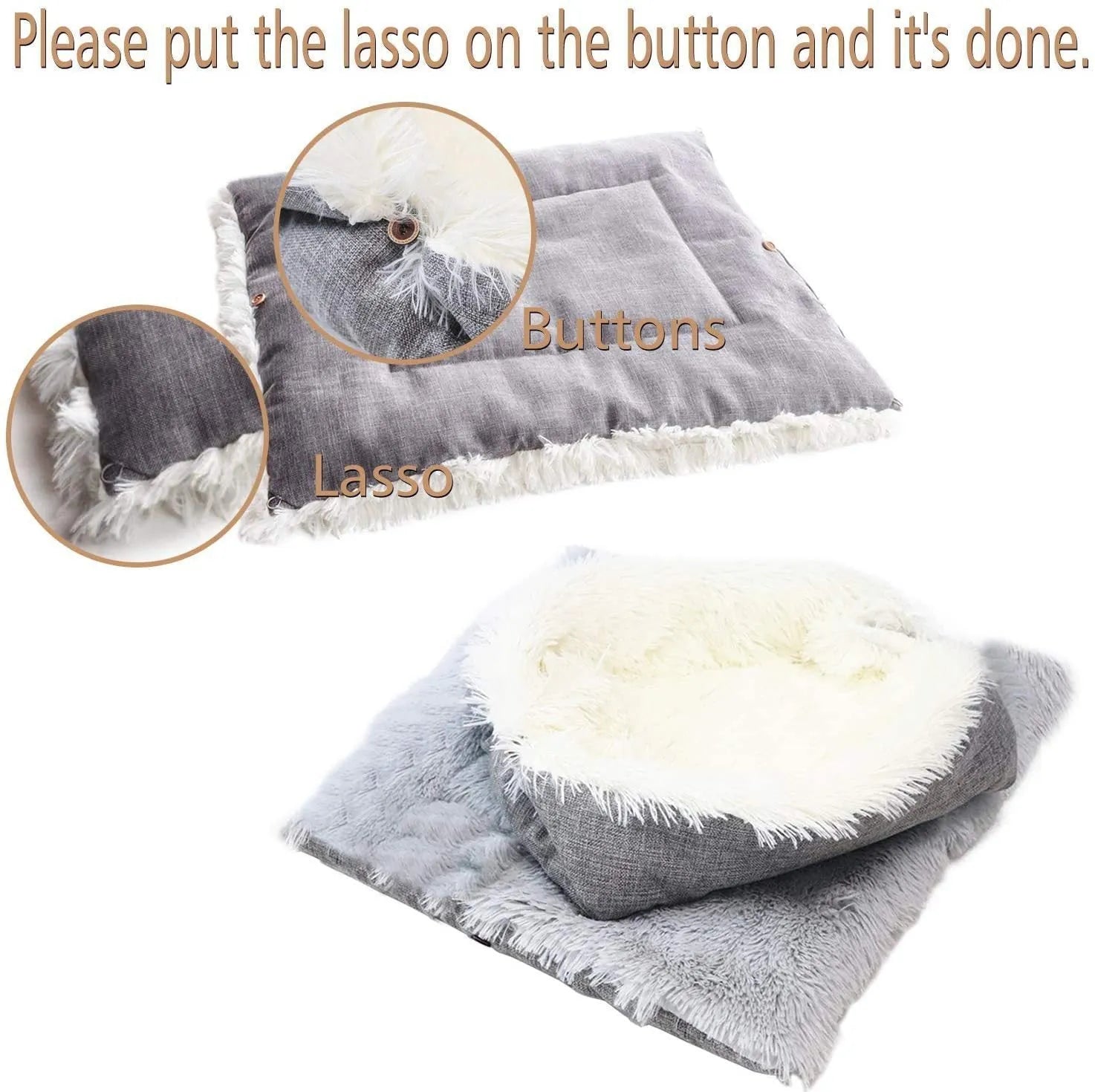 Grey pet blanket with long plush hair and black non-slip bottom particles