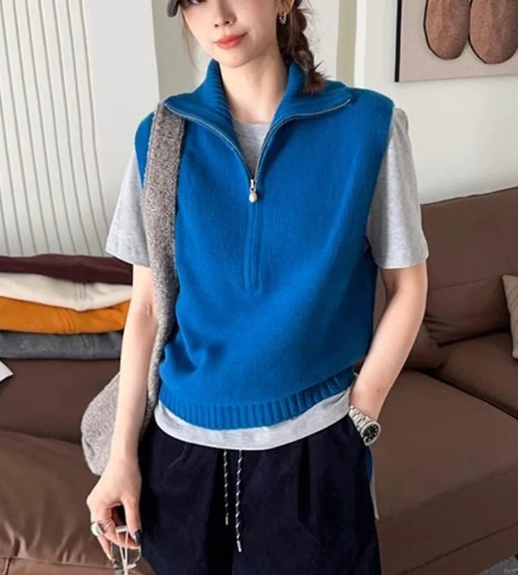 Retro half zipper sleeveless mesh vest in solid colour with 3D pattern detail